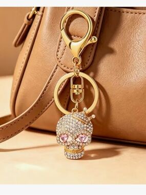 Crystal Skull Keychain Bag Charm - Gold with Pink Accent eyes new